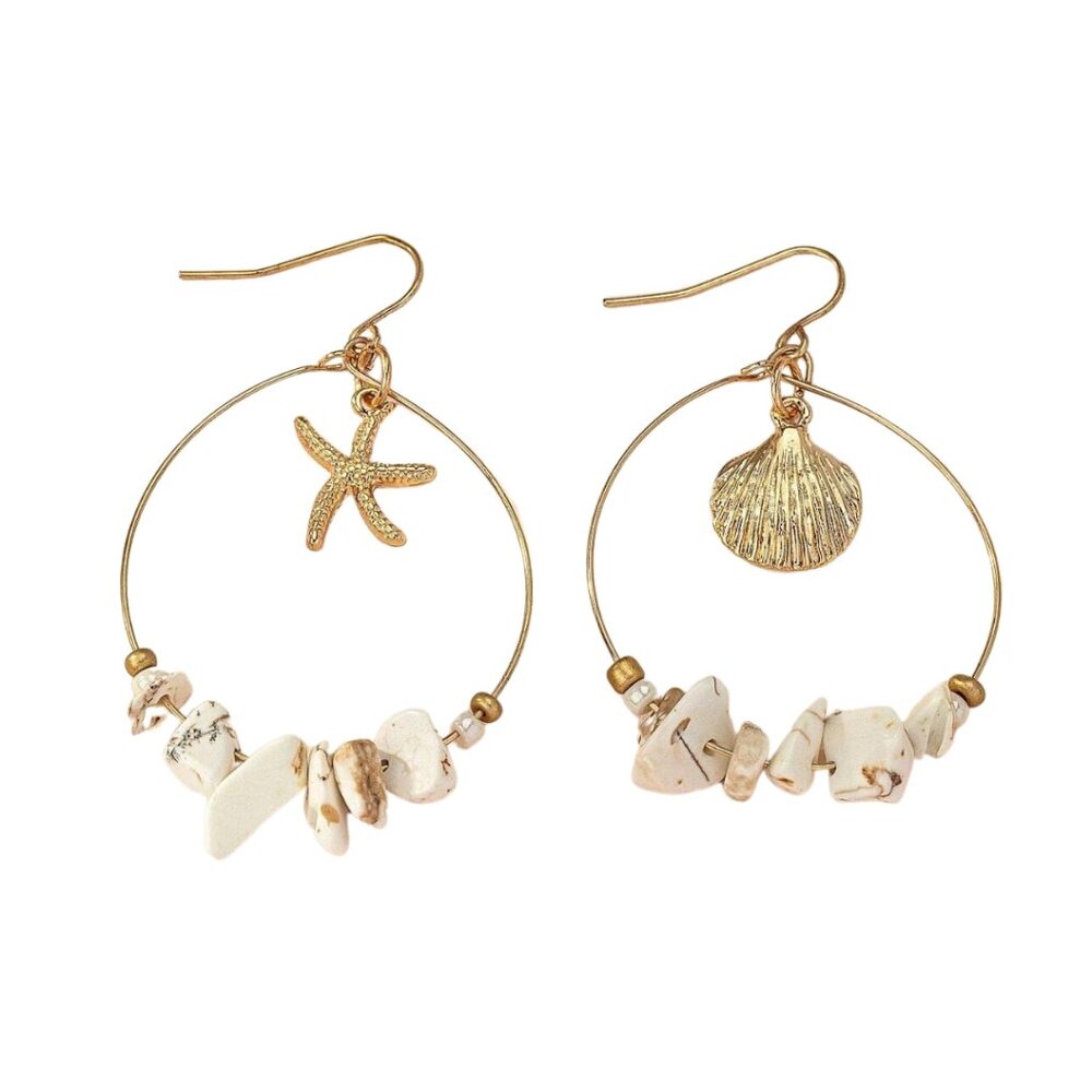 Mermaid's Gaze Shell and Starfish Hoop Dangle Earrings Fashion Jewelry Gold